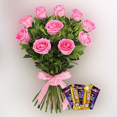 "12 Pink roses flower bunch, Chocolates - Click here to View more details about this Product